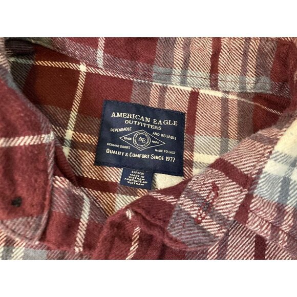 American Eagle Men’s Thick Plaid Flannel Shirt Classic Button Up Burgundy Size S - Picture 2 of 8